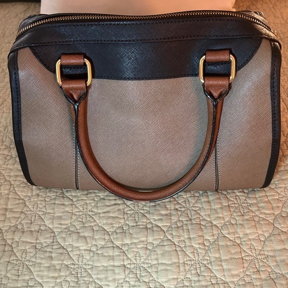 Calvin Klein Satchel Handbag Brown Black Tan Colorblock Purse Top Handles - Picture 12 of 16